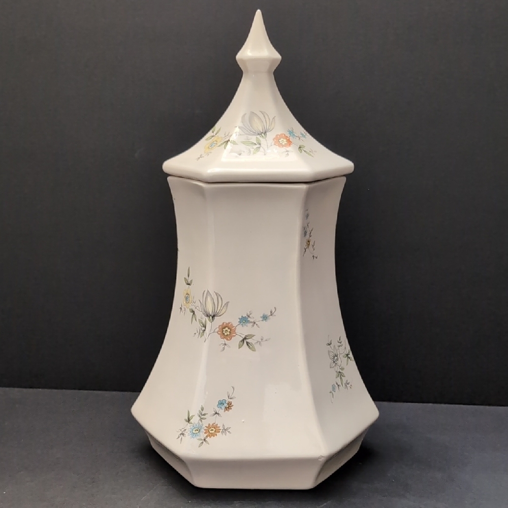 Vintage Pagoda White With Flowers Large Hexagon Ceramic Jar.